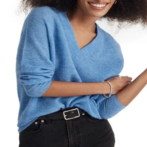 Madewell Blue Vneck Alpaca Cropped Sweater Size L - Picture 1 of 7